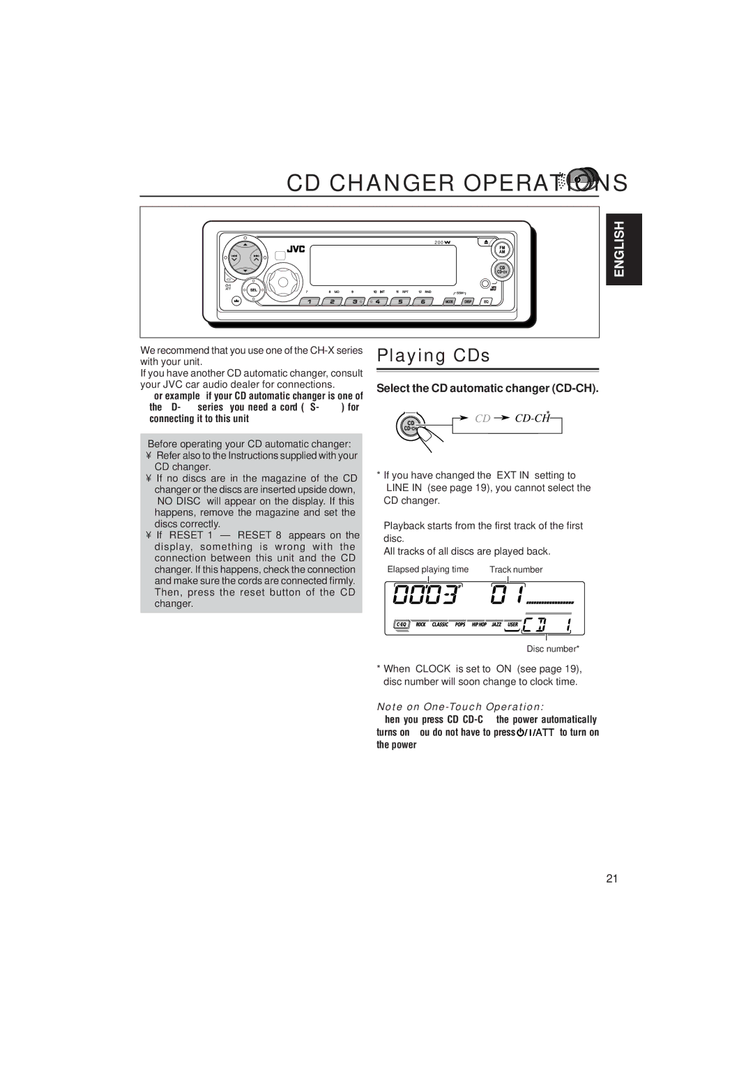 JVC KD-SX780, KD-SX8250 manual CD Changer Operations, Playing CDs, Select the CD automatic changer CD-CH, Cd Cd-Ch 