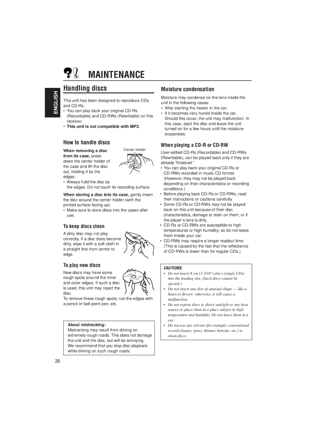 JVC KD-SX8250, KD-SX780 manual Maintenance, Handling discs, Moisture condensation, How to handle discs 