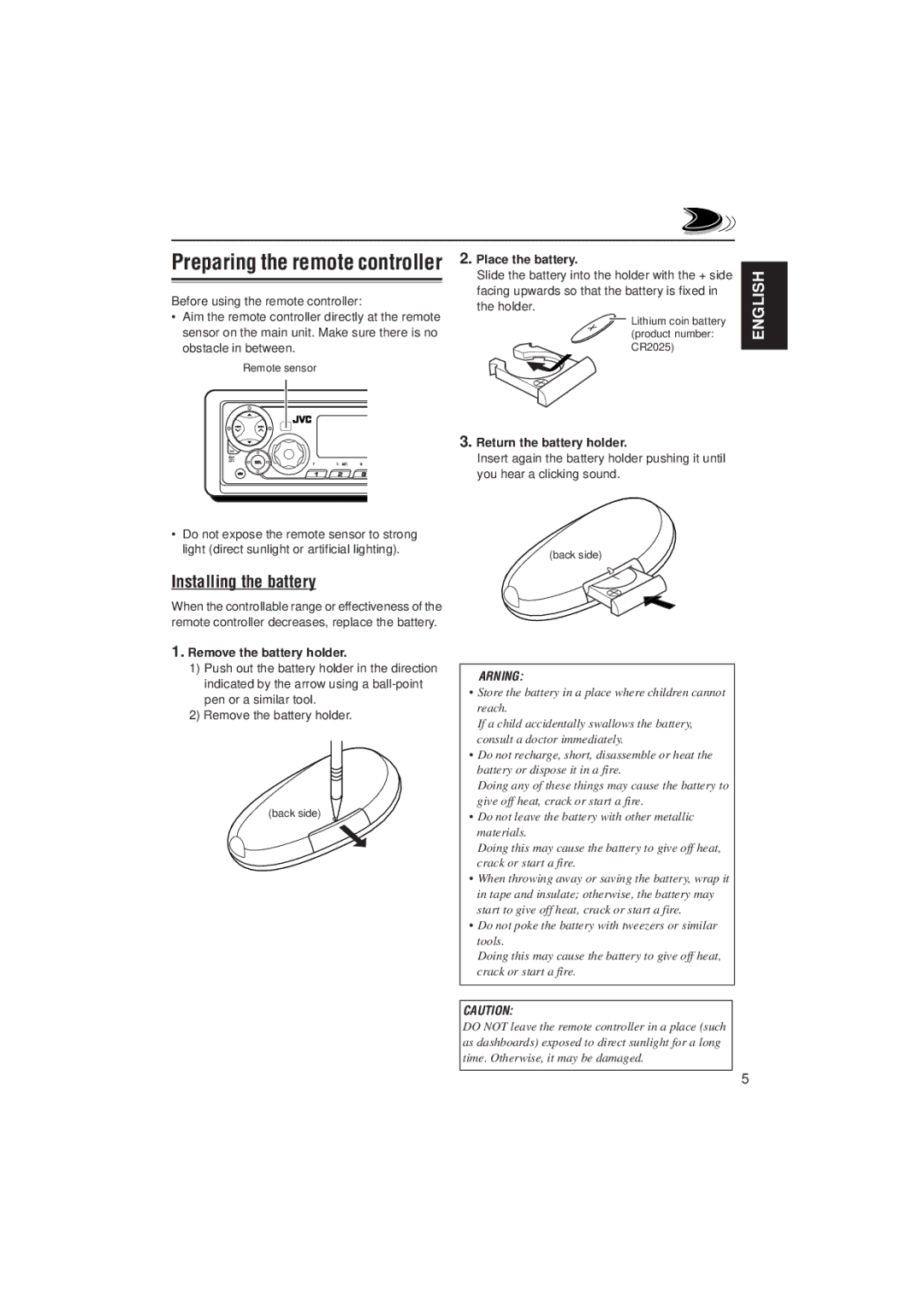 JVC KD-SX780, KD-SX8250 Installing the battery, Place the battery, Return the battery holder, Remove the battery holder 