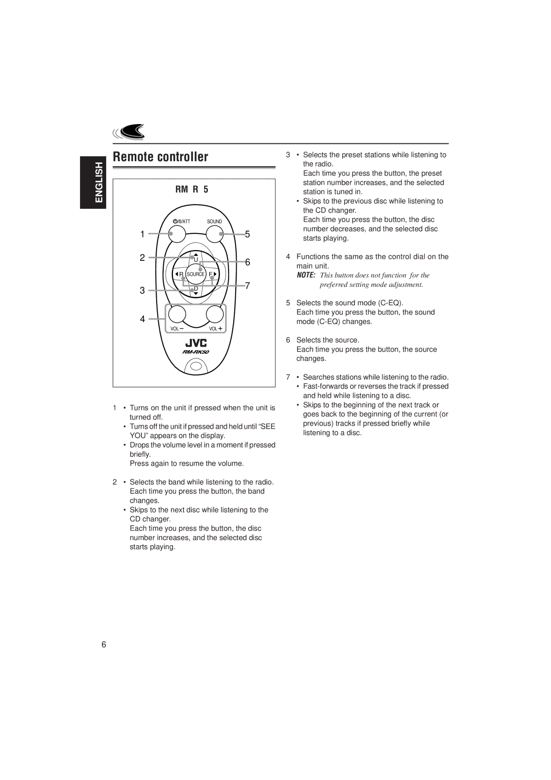 JVC KD-SX8250, KD-SX780 manual Remote controller, RM-RK50 