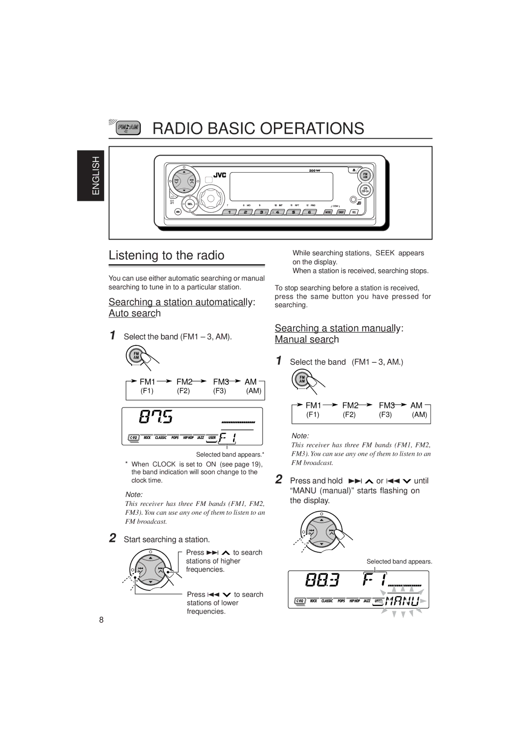 JVC KD-SX8250, KD-SX780 manual Radio Basic Operations, Listening to the radio, Searching a station automatically Auto search 