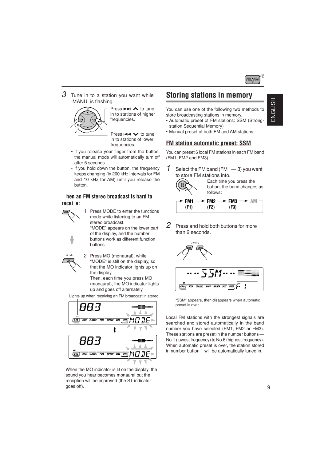 JVC KD-SX780, KD-SX8250 manual FM station automatic preset SSM, When an FM stereo broadcast is hard to receive, FM1 FM2 
