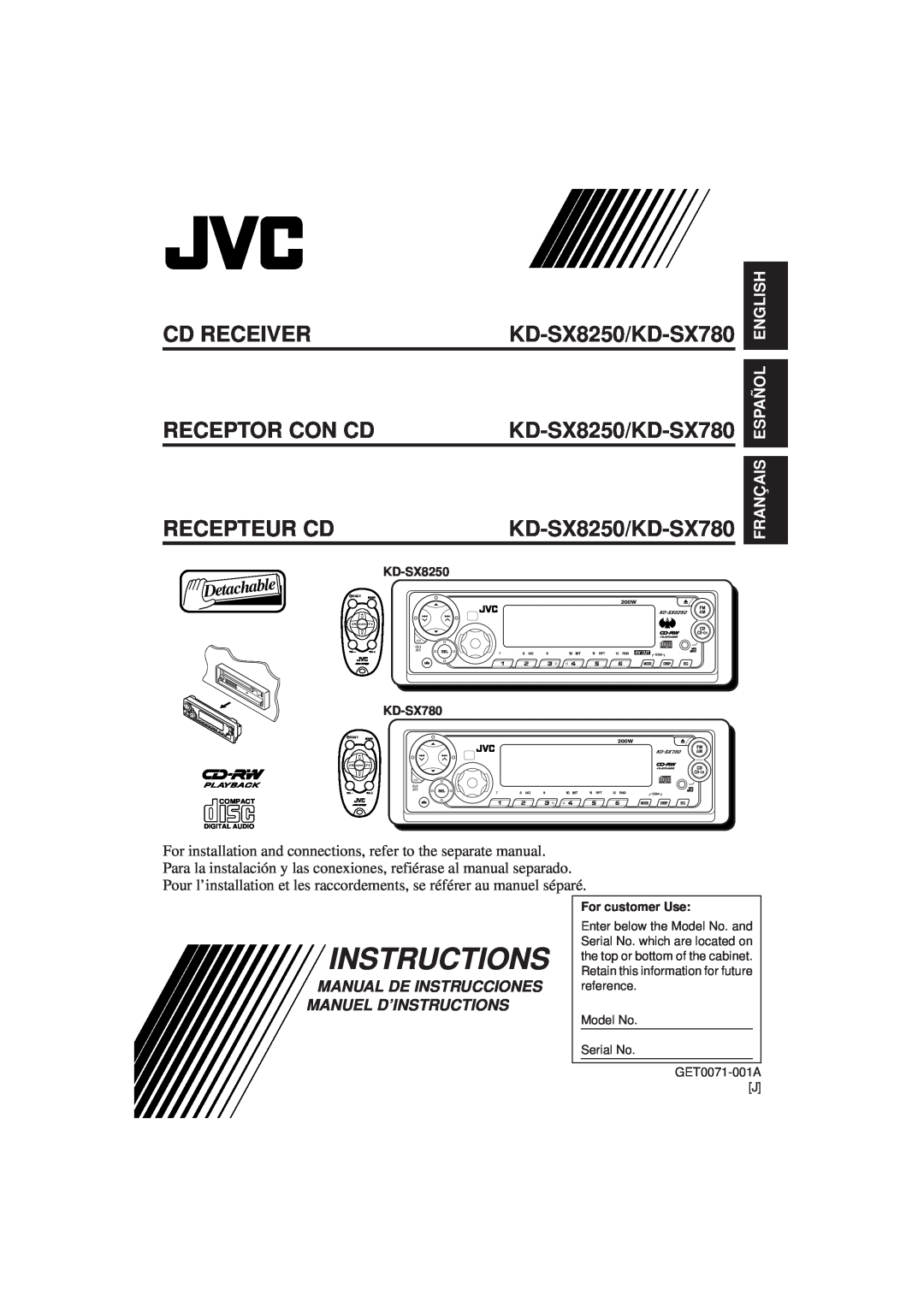 JVC manual Cd Receiver Receptor Con Cd Recepteur Cd, KD-SX8250/KD-SX780 KD-SX8250/KD-SX780, Français Español English 