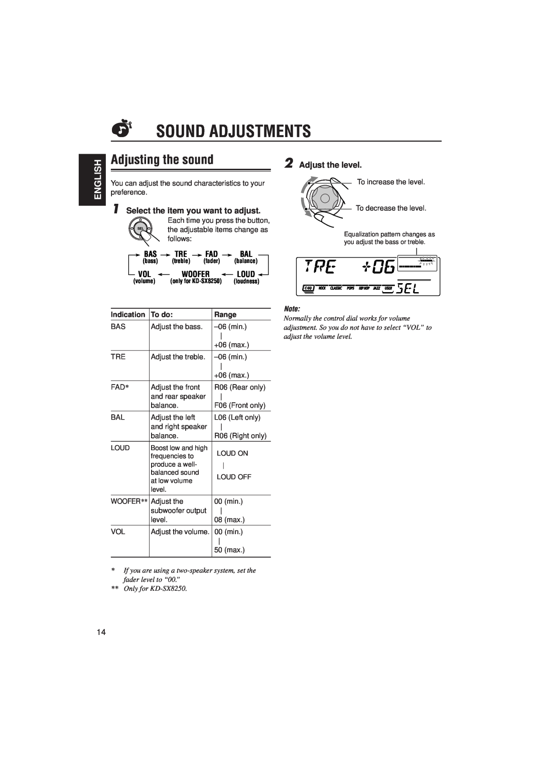 JVC KD-SX8250 Sound Adjustments, Adjusting the sound, Adjust the level, Select the item you want to adjust, English, To do 