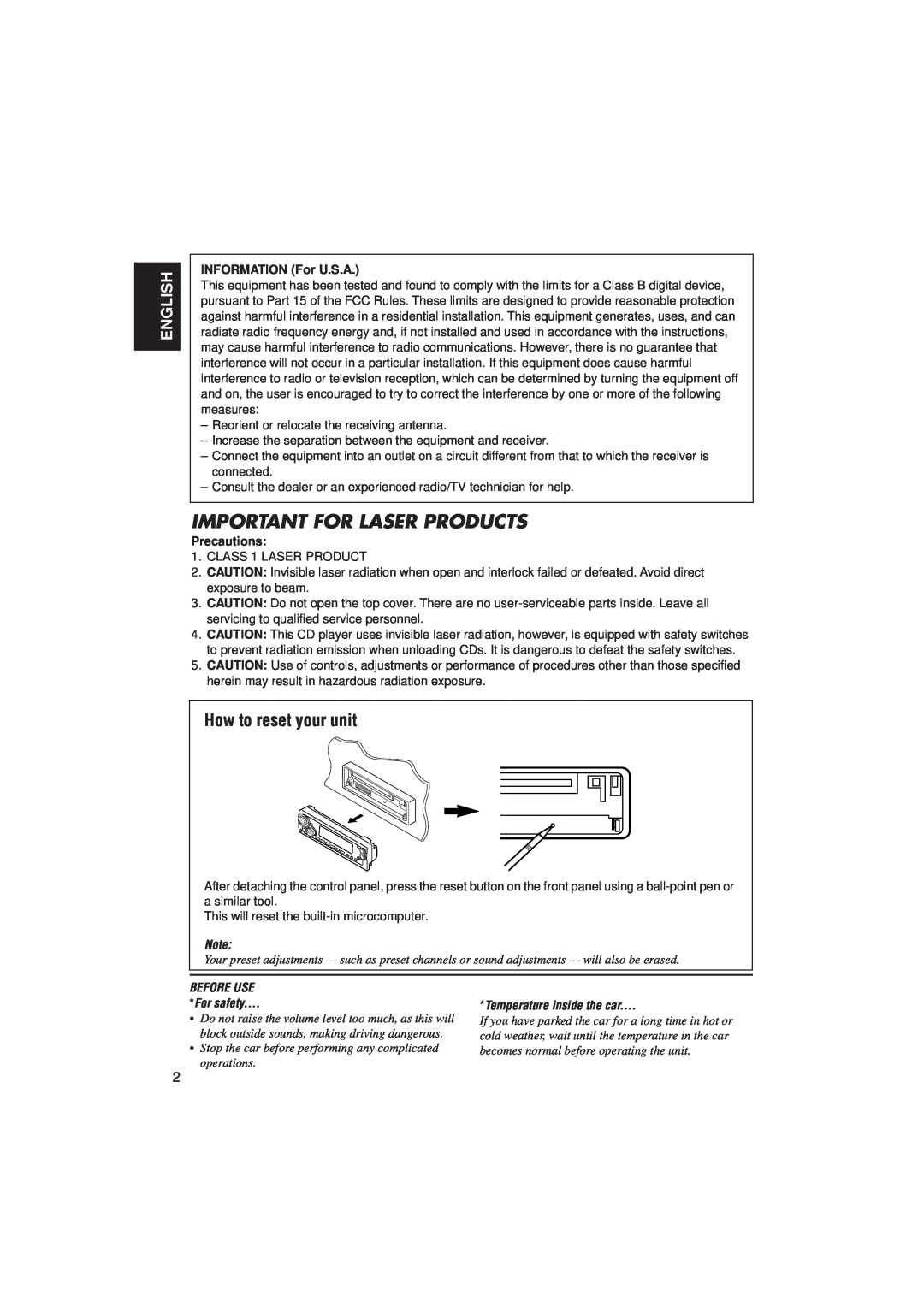 JVC KD-SX8250, KD-SX780 Important For Laser Products, How to reset your unit, English, INFORMATION For U.S.A, Precautions 