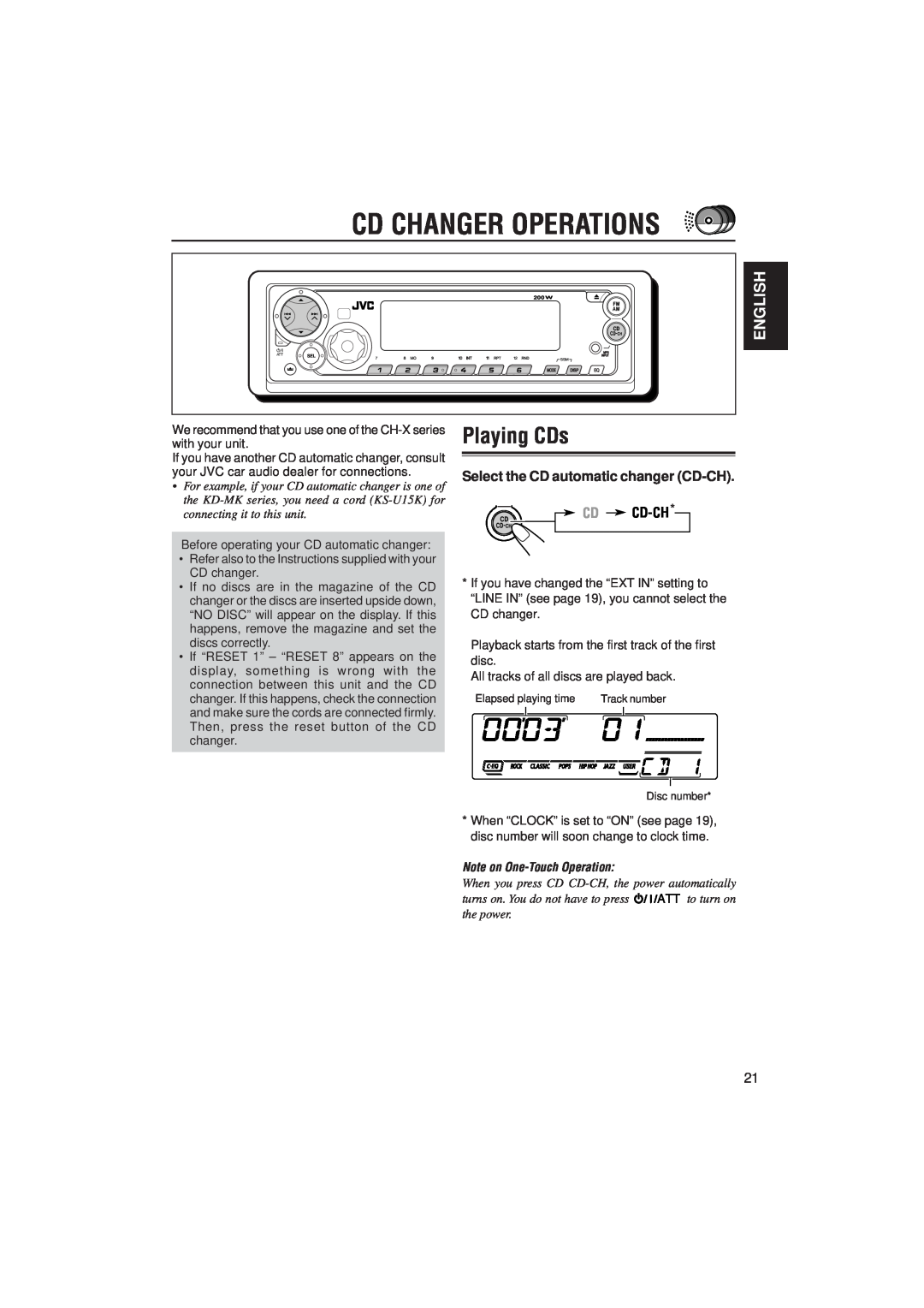 JVC KD-SX780, KD-SX8250 manual Cd Changer Operations, Playing CDs, Select the CD automatic changer CD-CH CD CD-CH, English 