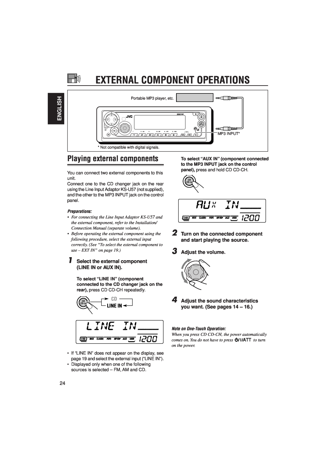 JVC KD-SX8250 External Component Operations, Playing external components, Select the external component LINE IN or AUX IN 