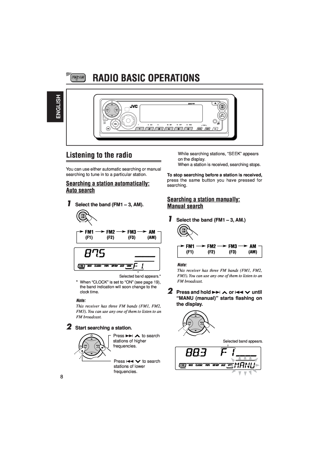 JVC KD-SX8250 manual Radio Basic Operations, Listening to the radio, Searching a station automatically Auto search, English 