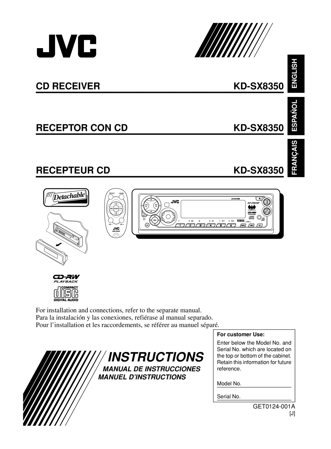 JVC KD-SX8350 manual CD Receiver Receptor CON CD Recepteur CD, For customer Use 