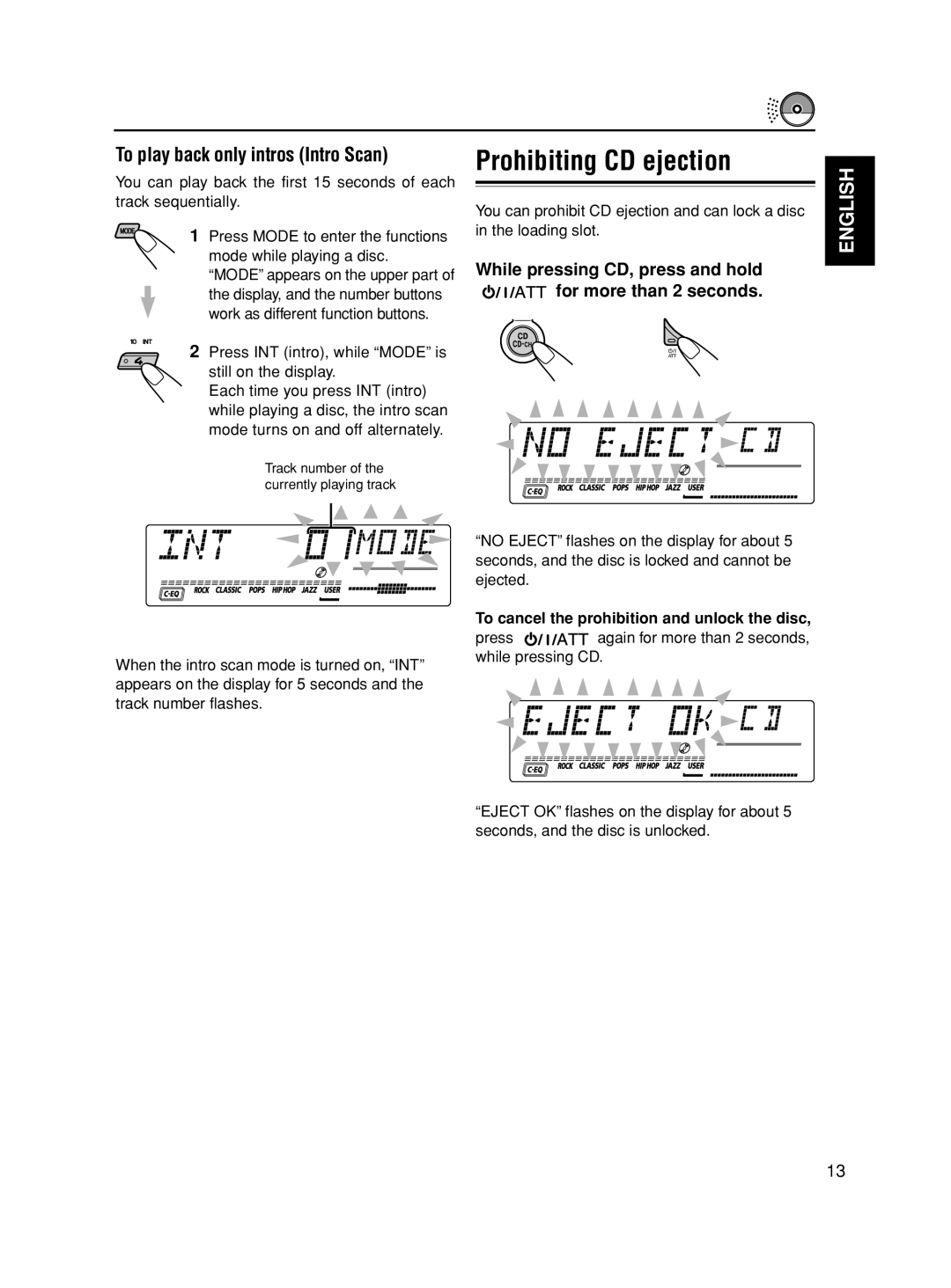 JVC KD-SX8350 Prohibiting CD ejection, To play back only intros Intro Scan, To cancel the prohibition and unlock the disc 