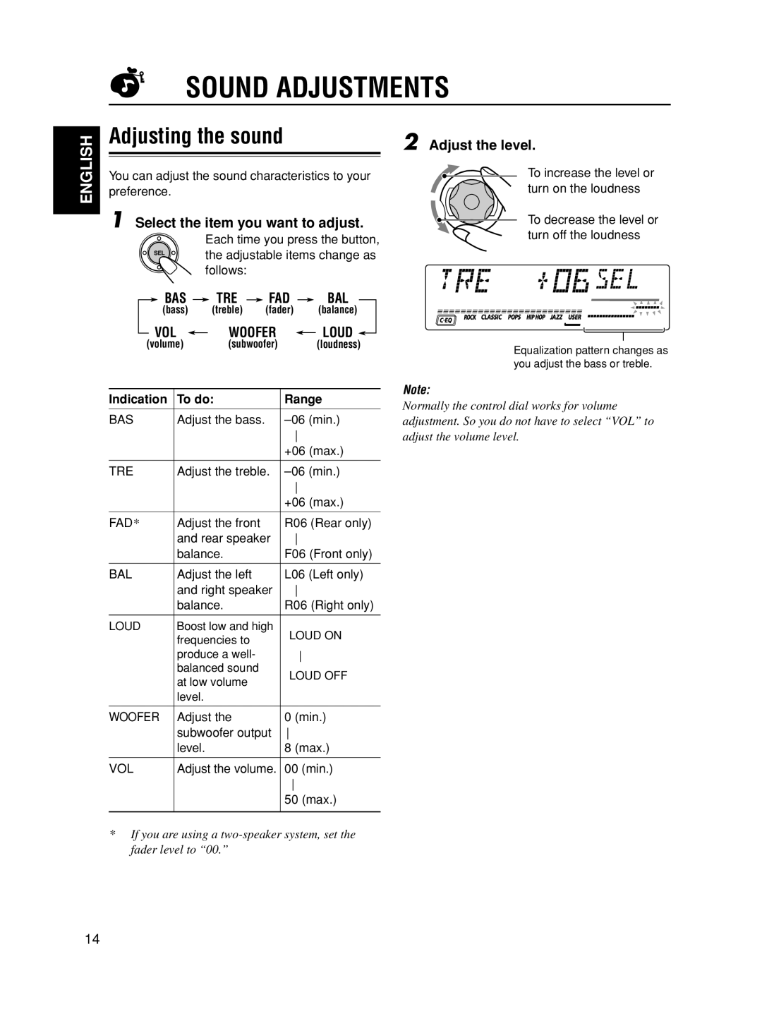 JVC KD-SX8350 manual Sound Adjustments, Adjusting the sound, Select the item you want to adjust, Adjust the level 