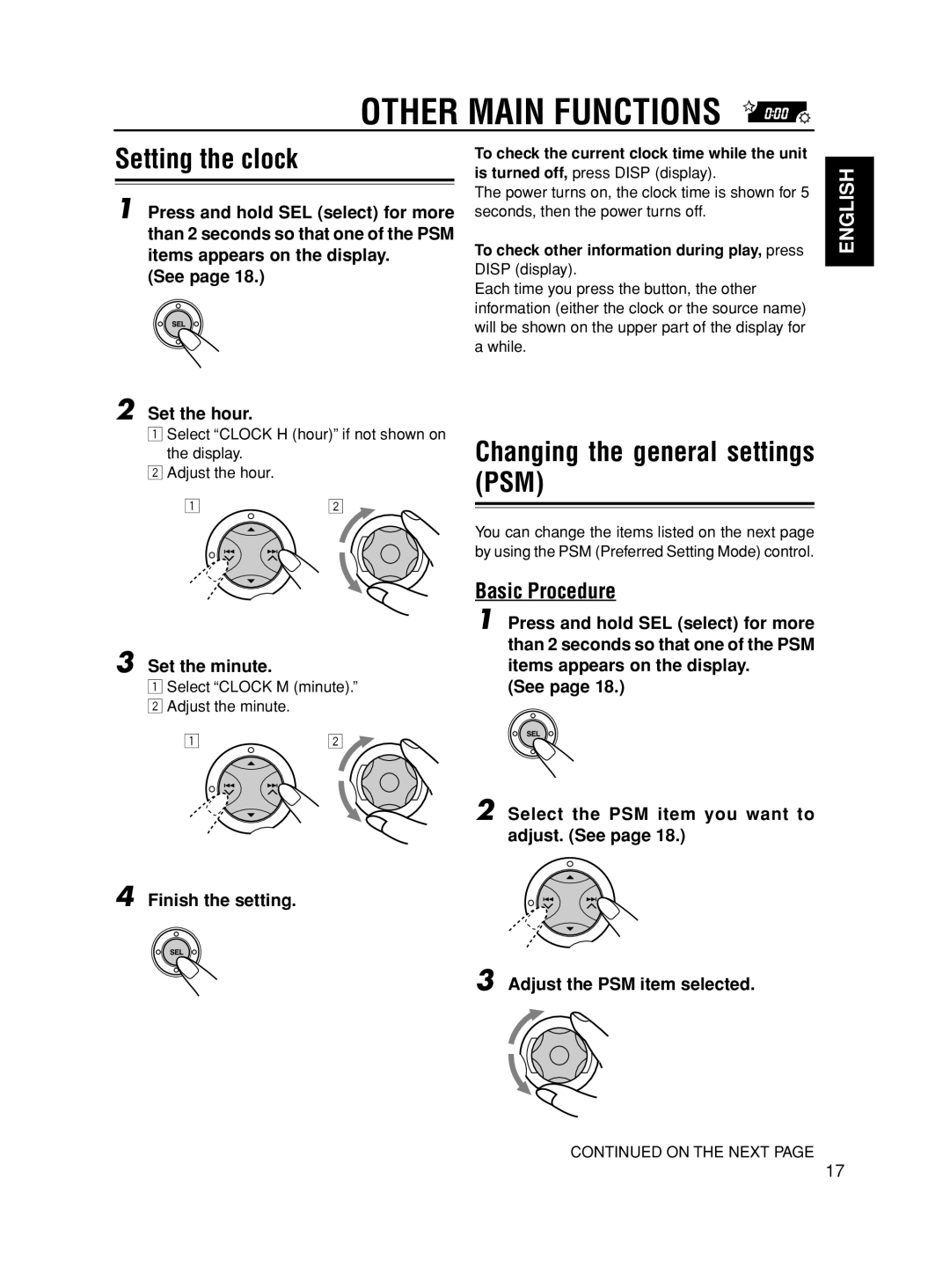 JVC KD-SX8350 manual Other Main Functions, Setting the clock, Changing the general settings PSM, Basic Procedure 