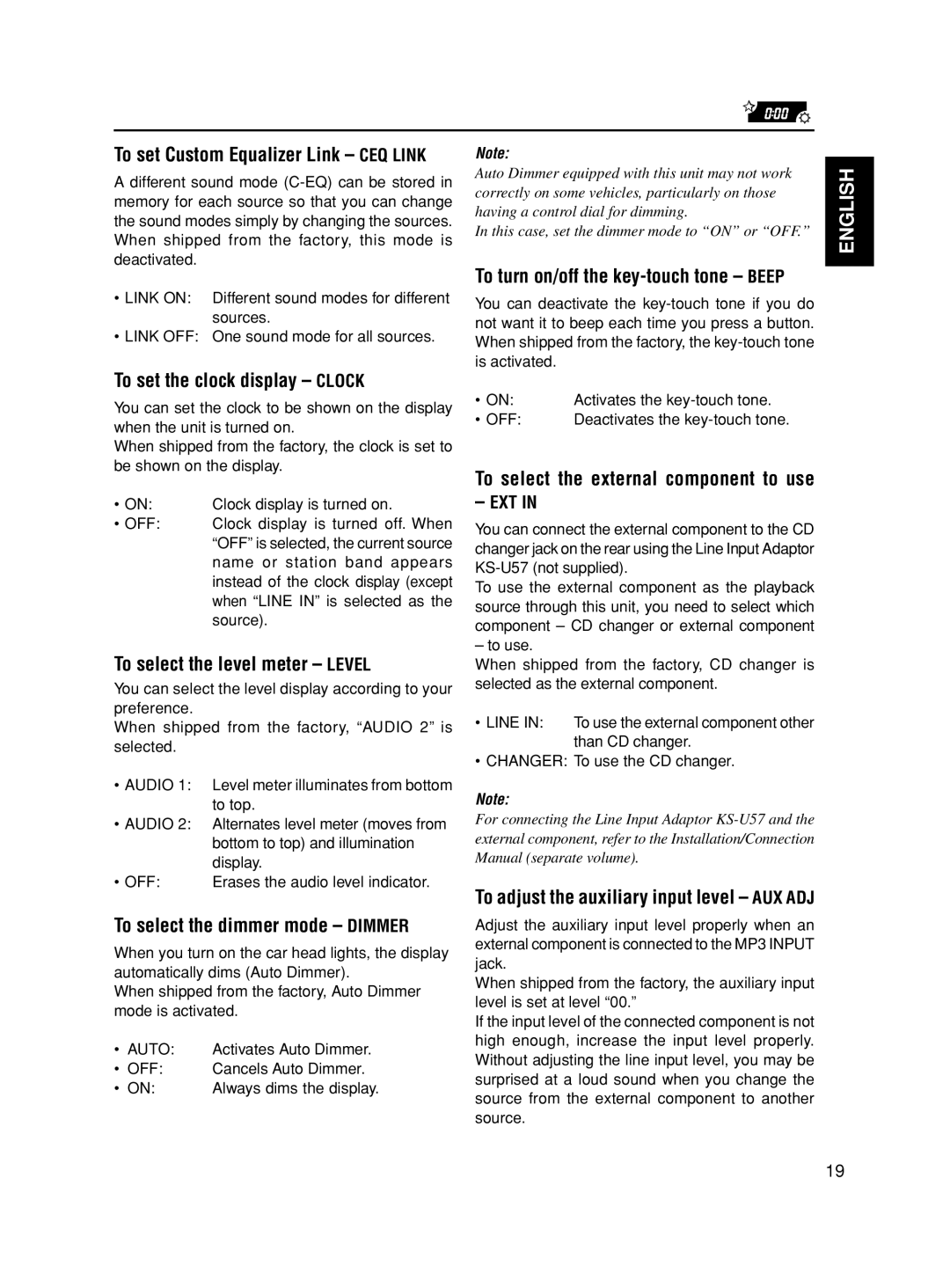 JVC KD-SX8350 manual To set the clock display Clock, To select the level meter Level, To select the dimmer mode Dimmer, Ext 