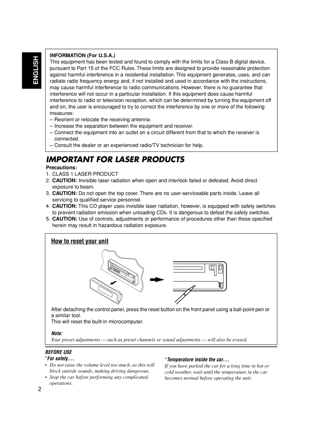 JVC KD-SX8350 manual How to reset your unit, Information For U.S.A, Precautions 