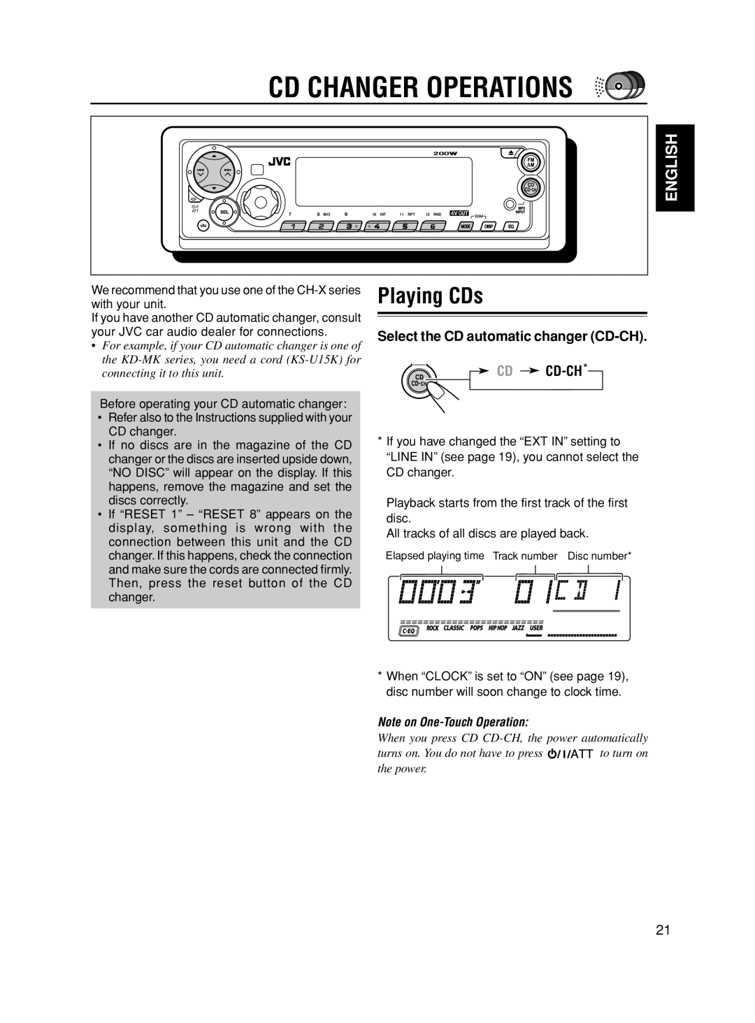 JVC KD-SX8350 manual CD Changer Operations, Playing CDs, Select the CD automatic changer CD-CH, Cd Cd-Ch 