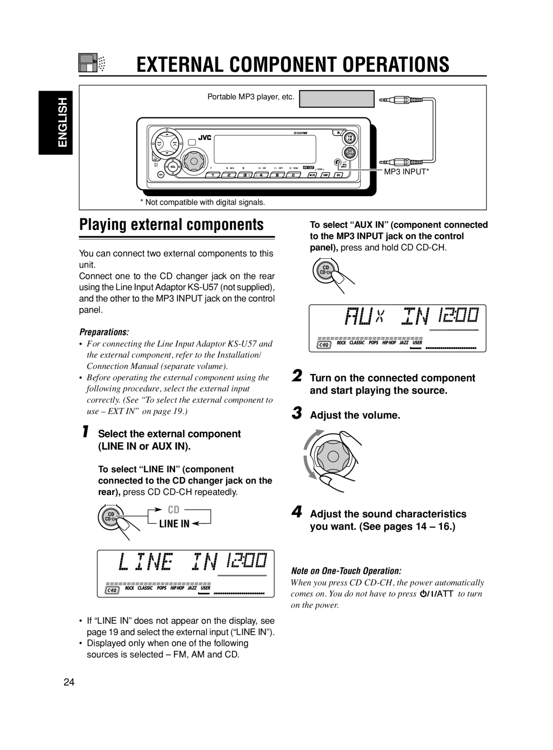 JVC KD-SX8350 manual Select the external component Line in or AUX, Rear, press CD CD-CH repeatedly 