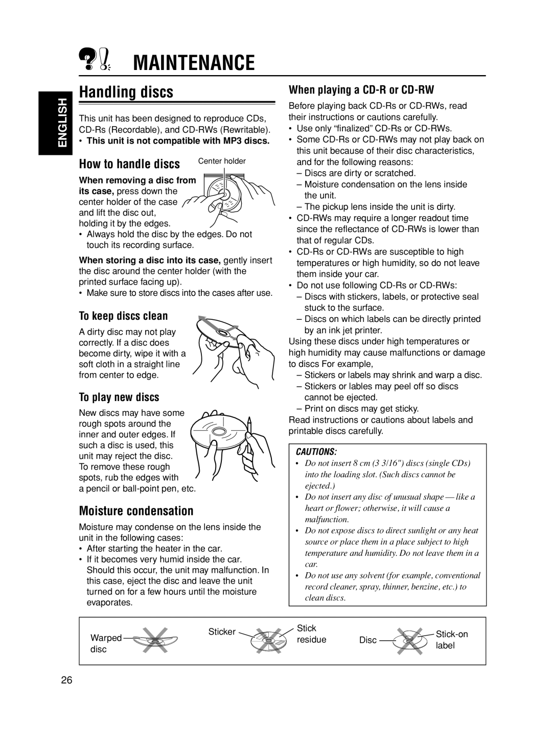 JVC KD-SX8350 manual Maintenance, Handling discs, How to handle discs, Moisture condensation 