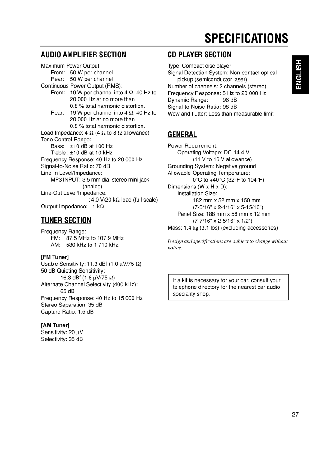 JVC KD-SX8350 manual Specifications, FM Tuner, AM Tuner, Sensitivity 20 ∝V Selectivity 35 dB 