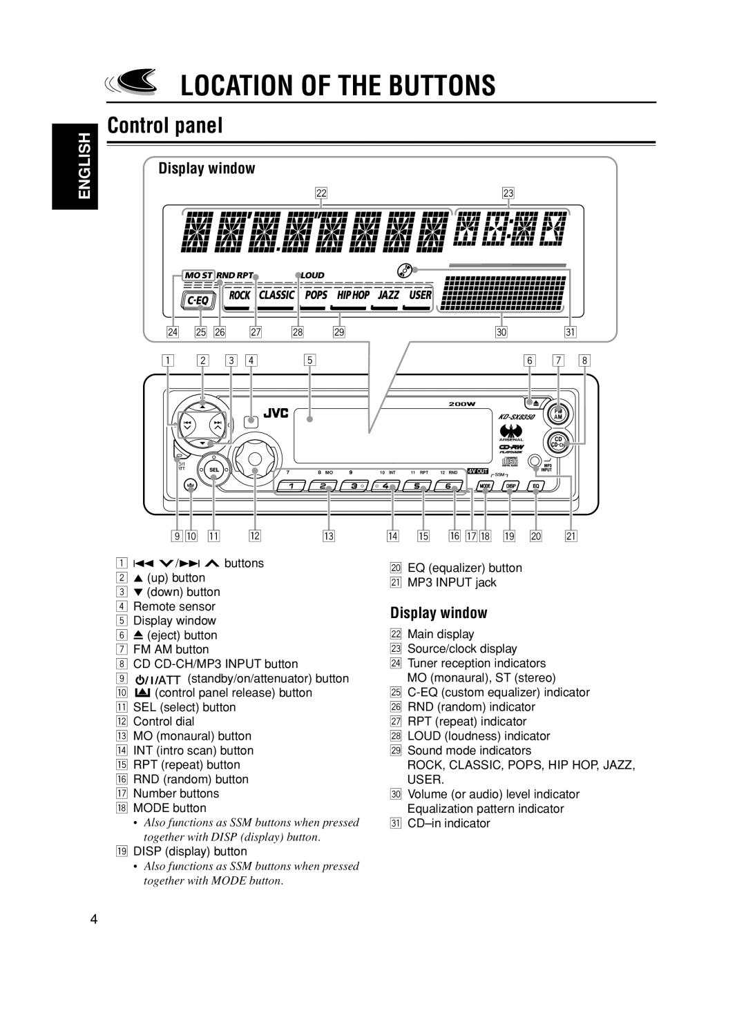 JVC KD-SX8350 manual Location of the Buttons, Control panel, Display window, Disp display button 