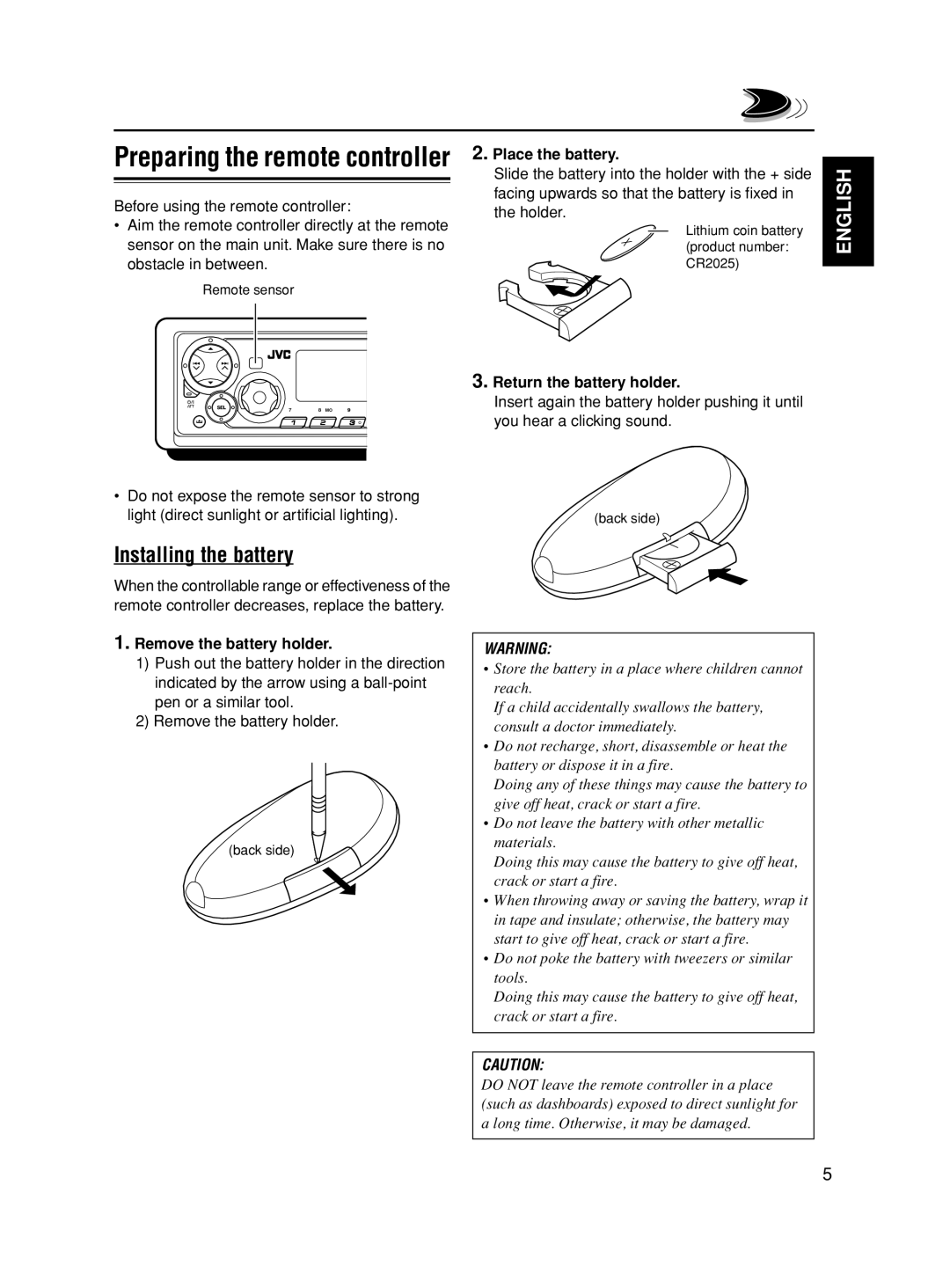 JVC KD-SX8350 manual Installing the battery, Place the battery, Return the battery holder, Remove the battery holder 