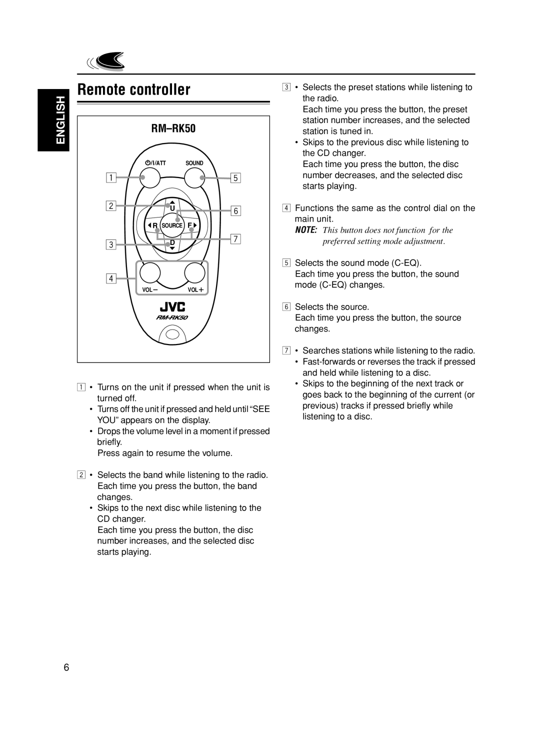 JVC KD-SX8350 manual Remote controller, RM-RK50 