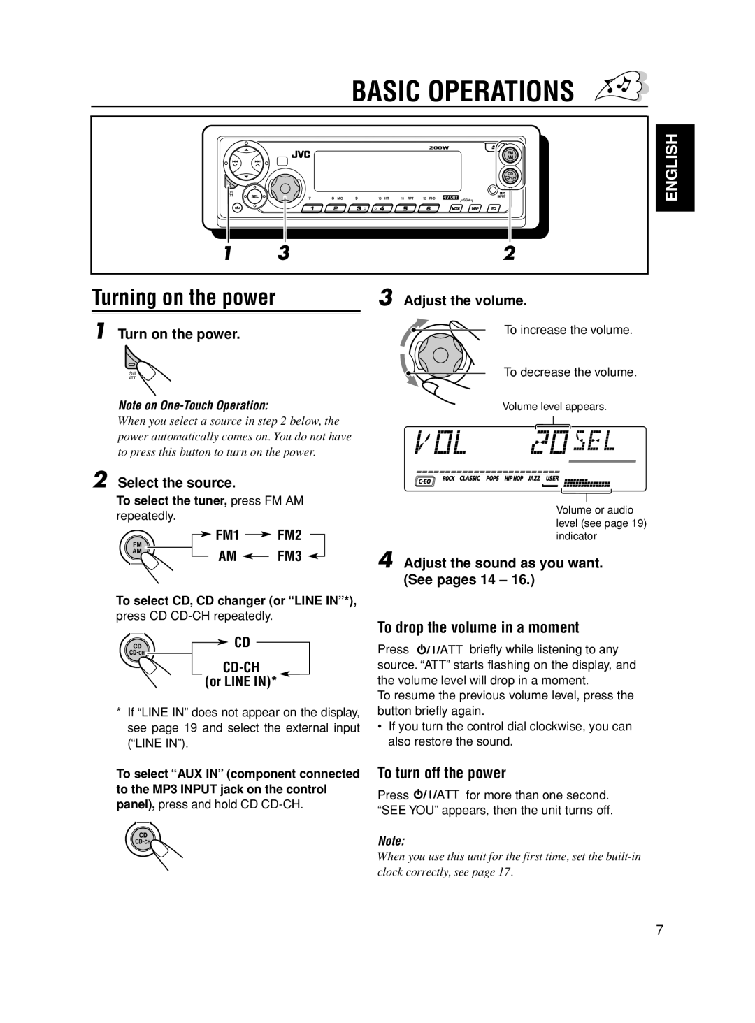 JVC KD-SX8350 manual Basic Operations, Turning on the power, To drop the volume in a moment, To turn off the power, Cd-Ch 