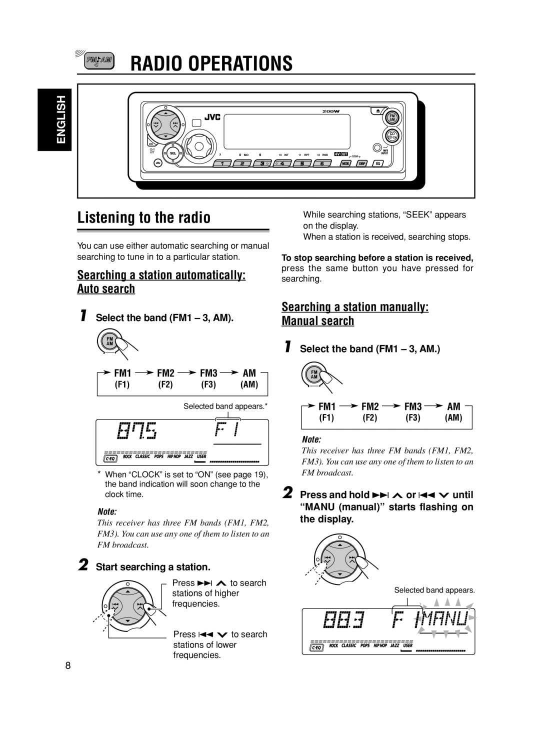 JVC KD-SX8350 manual Radio Operations, Listening to the radio, Searching a station automatically Auto search 