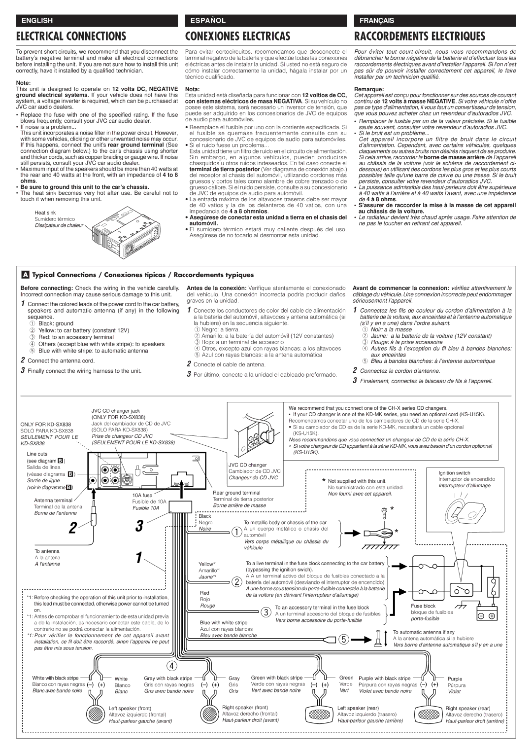 JVC KD-SX838, FSUN3037-T631S, 1297MNMMDWJES manual Be sure to ground this unit to the car’s chassis, Nota, Remarque 
