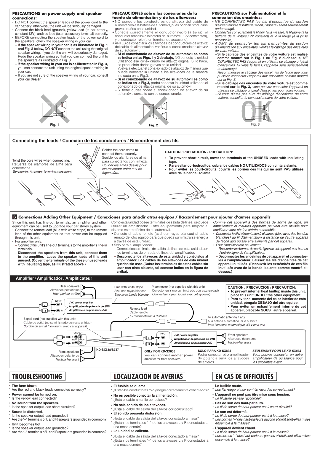 JVC FSUN3037-T631S, KD-SX838, 1297MNMMDWJES manual Precautions on power supply and speaker connections 