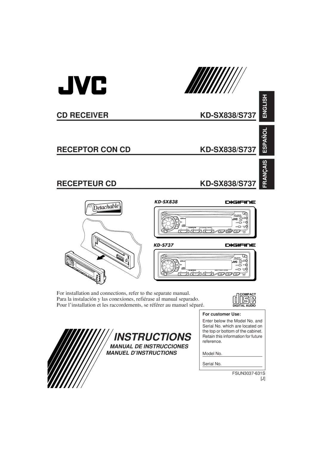 JVC KD-SX838/S737 manual Instructions, Recepteur CD 