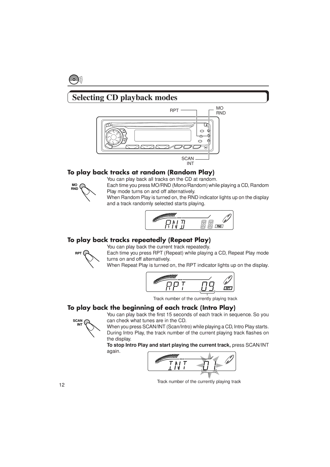 JVC KD-SX838/S737 manual Selecting CD playback modes, To play back tracks at random Random Play 