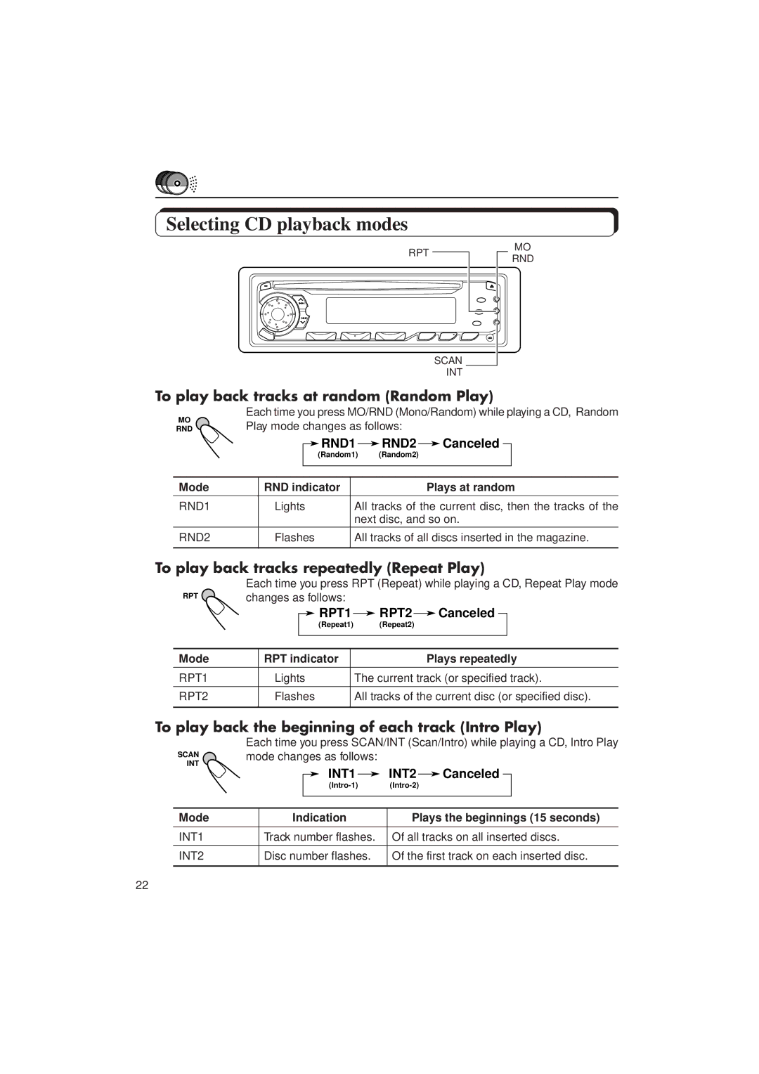 JVC KD-SX838/S737 manual Mode RND indicator Plays at random, Mode RPT indicator Plays repeatedly 