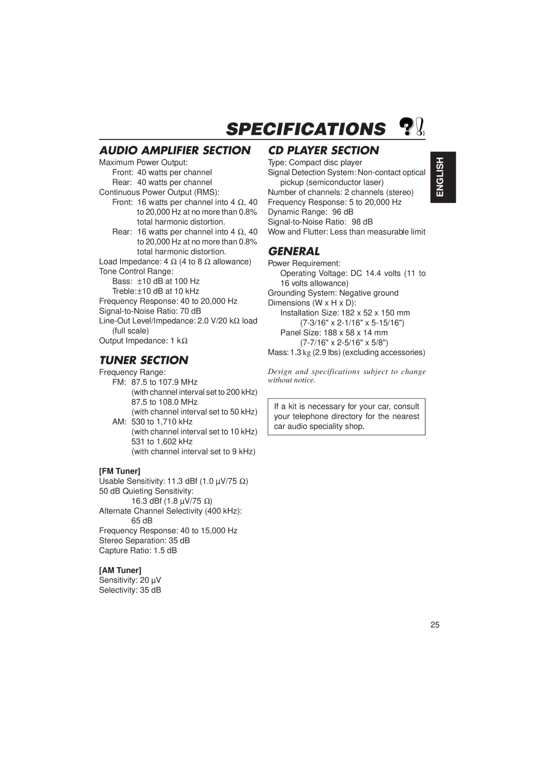 JVC KD-SX838/S737 manual Specifications, FM Tuner, AM Tuner 