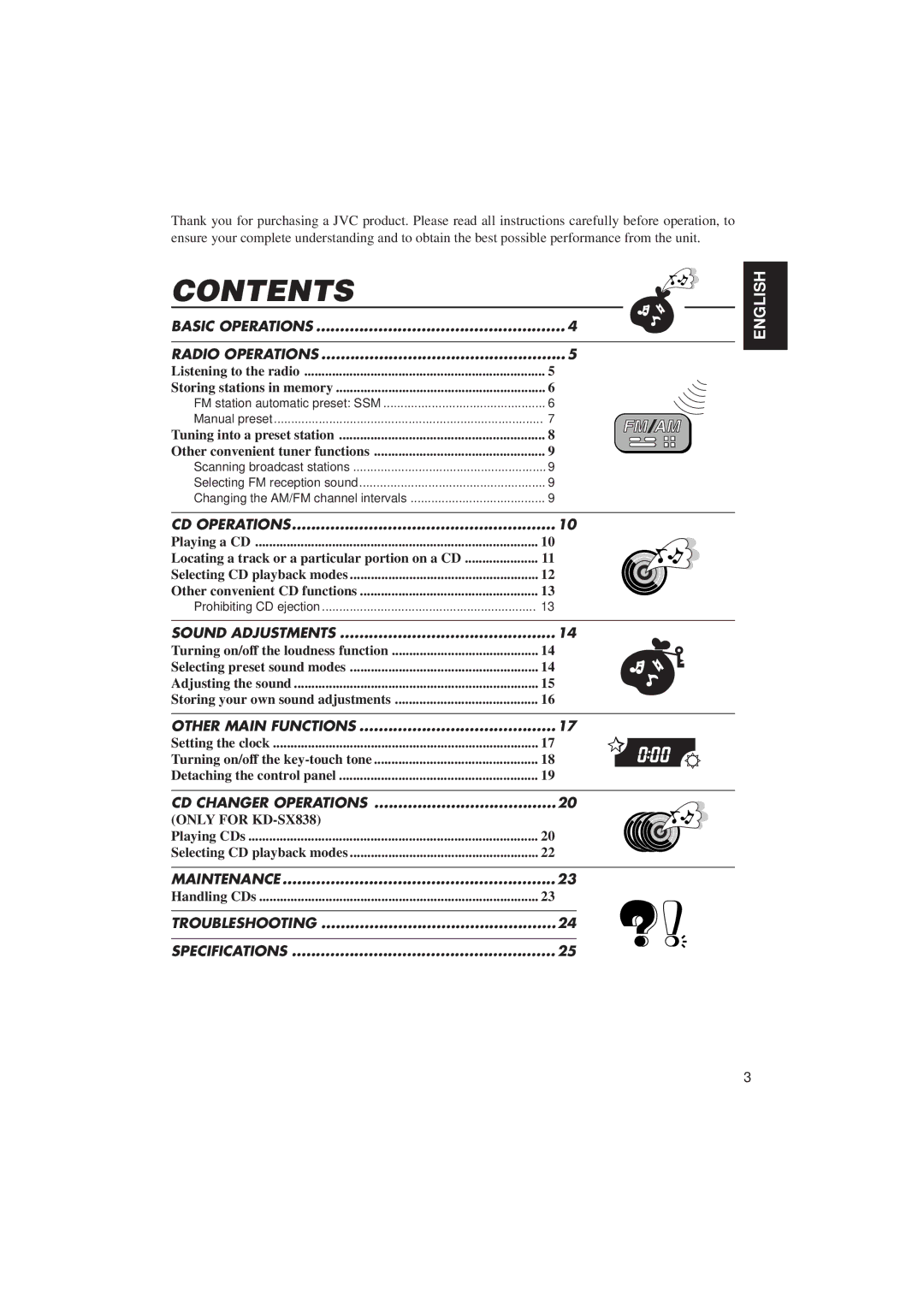 JVC KD-SX838/S737 manual Contents 