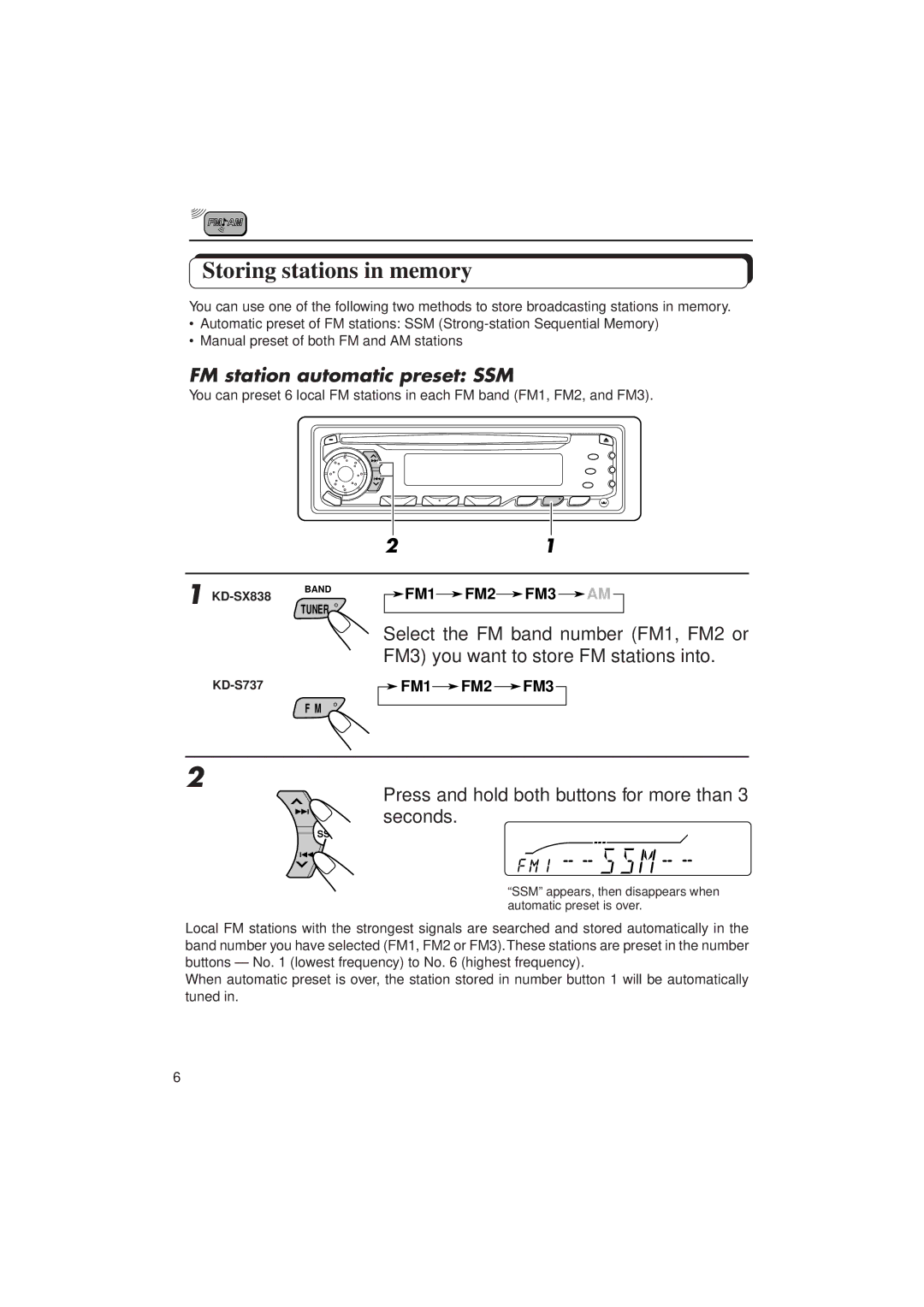 JVC KD-SX838/S737 manual Storing stations in memory, FM station automatic preset SSM 