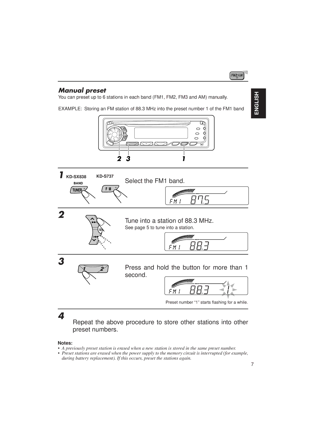 JVC KD-SX838/S737 manual Manual preset, Tune into a station of 88.3 MHz 