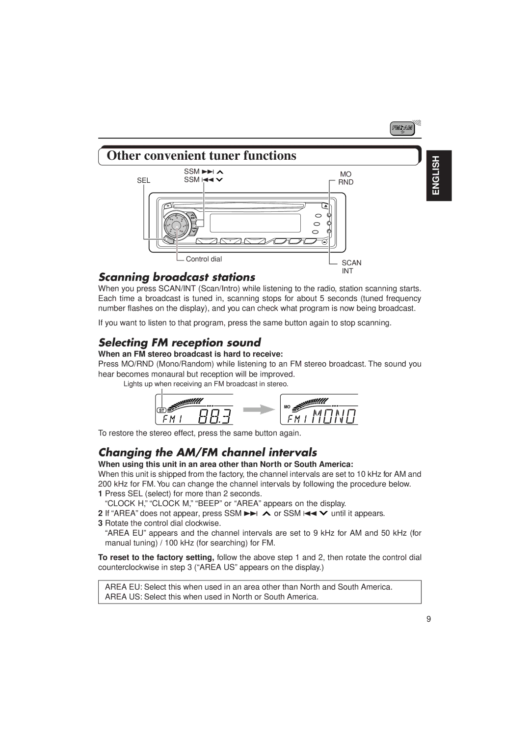 JVC KD-SX838/S737 manual Other convenient tuner functions, Scanning broadcast stations, Selecting FM reception sound 