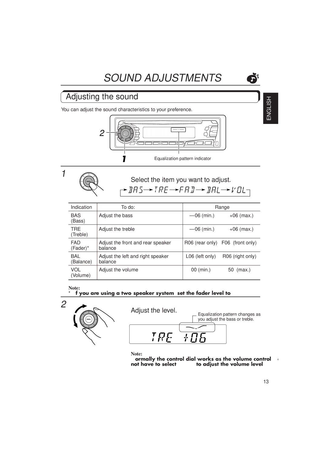 JVC KD-SX750, KD-SX850 manual Sound Adjustments, Adjusting the sound, Select the item you want to adjust, Adjust the level 