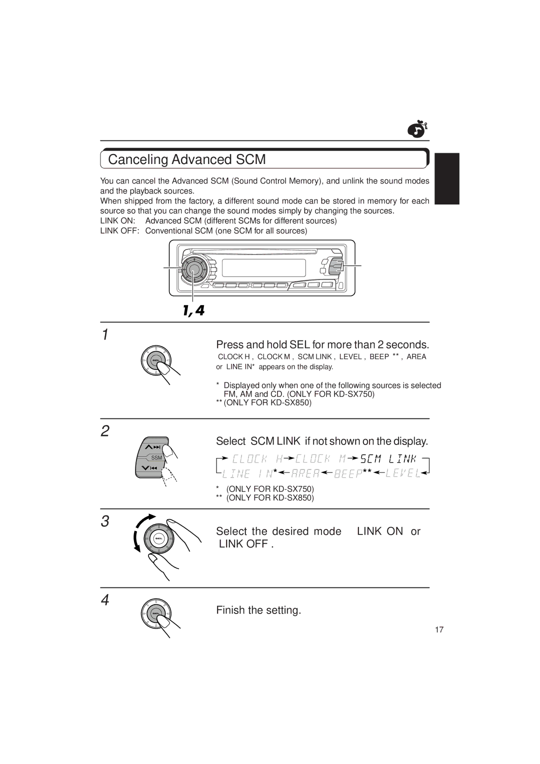 JVC KD-SX750, KD-SX850 manual Canceling Advanced SCM, Press and hold SEL for more than 2 seconds 