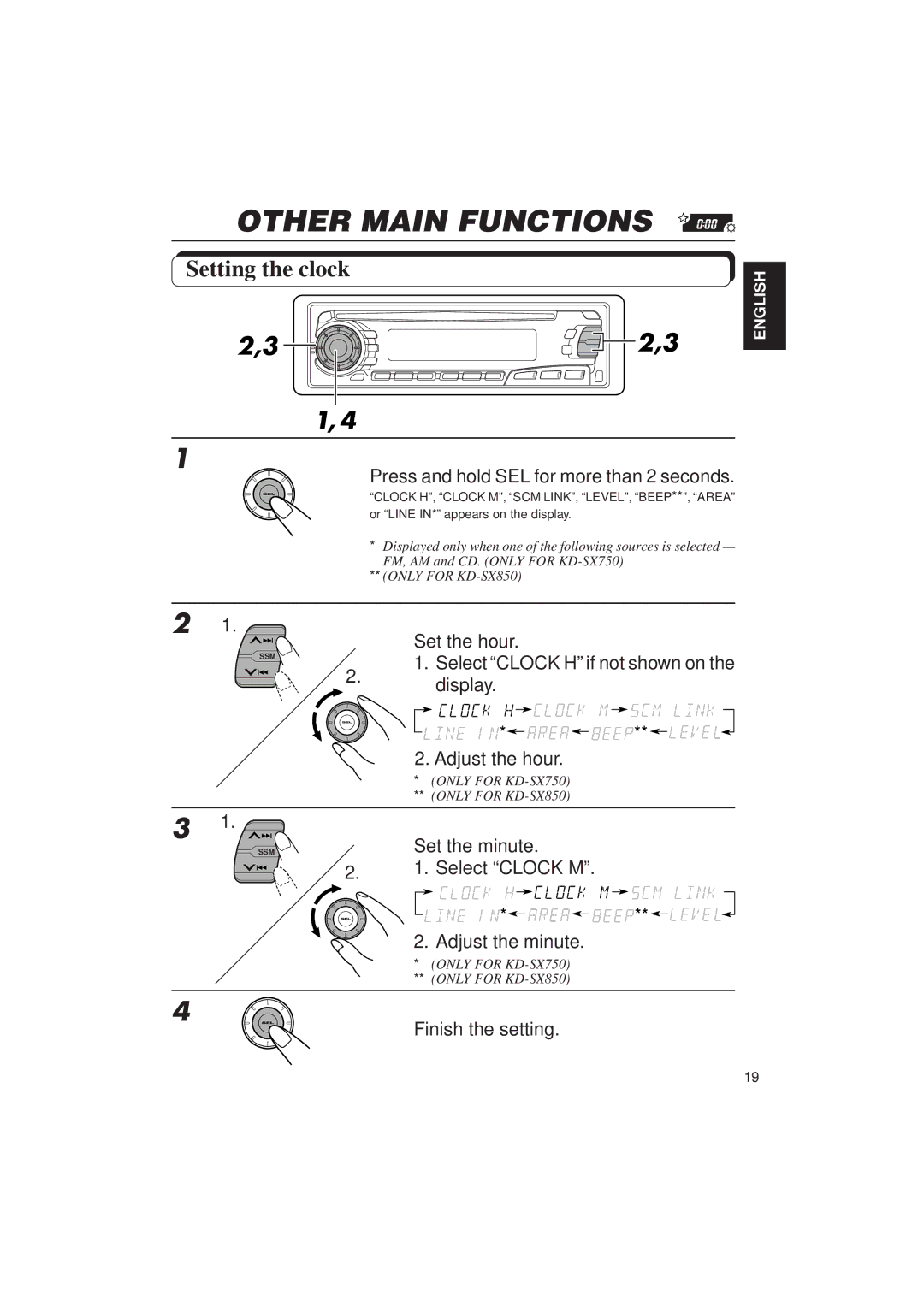 JVC KD-SX750, KD-SX850 manual Other Main Functions, Setting the clock, Set the minute, Select Clock M, Adjust the minute 