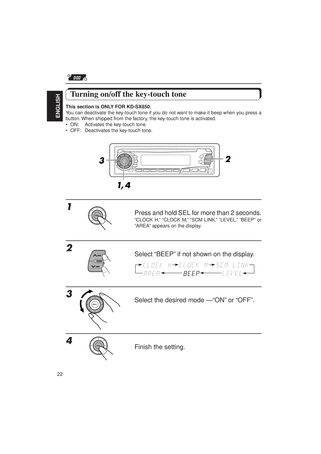 JVC manual Turning on/off the key-touch tone, Select Beep if not shown on the display, This section is only for KD-SX850 