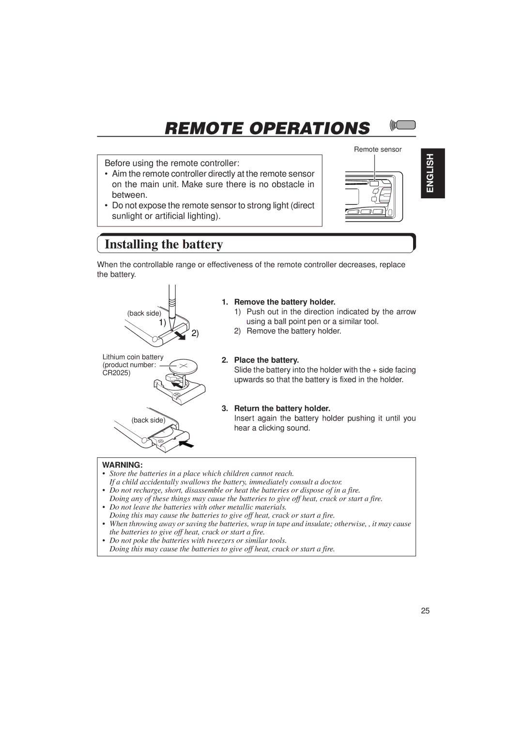 JVC KD-SX750, KD-SX850 manual Remote Operations, Installing the battery, Remove the battery holder, Place the battery 