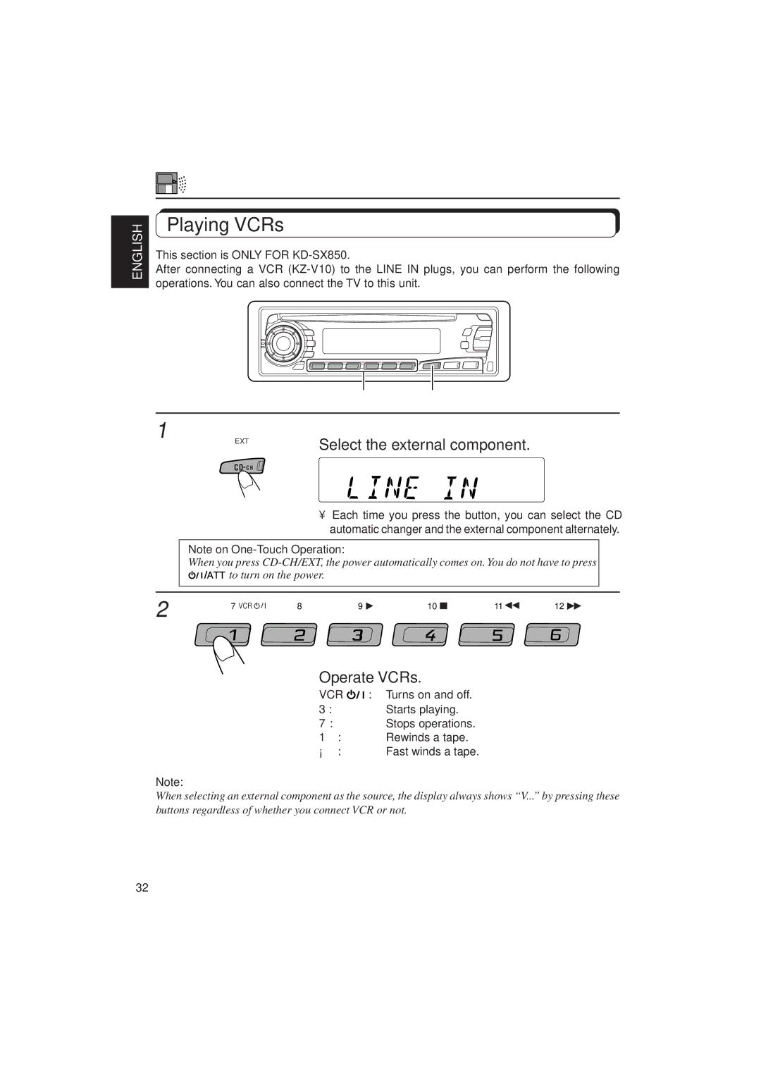 JVC KD-SX850, KD-SX750 manual Playing VCRs, Operate VCRs 