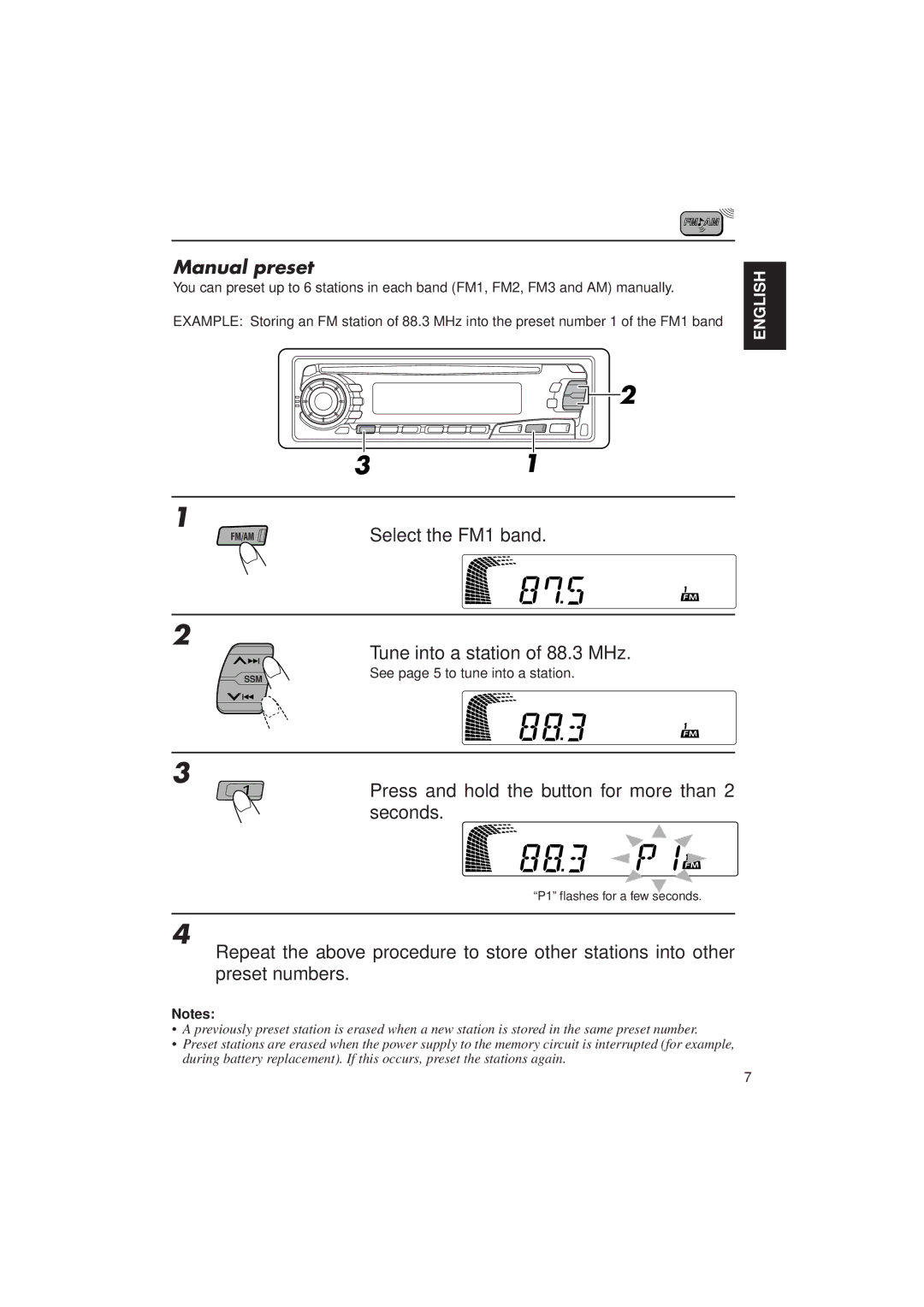 JVC KD-SX750, KD-SX850 manual Tune into a station of 88.3 MHz, Press and hold the button for more than 2 seconds 