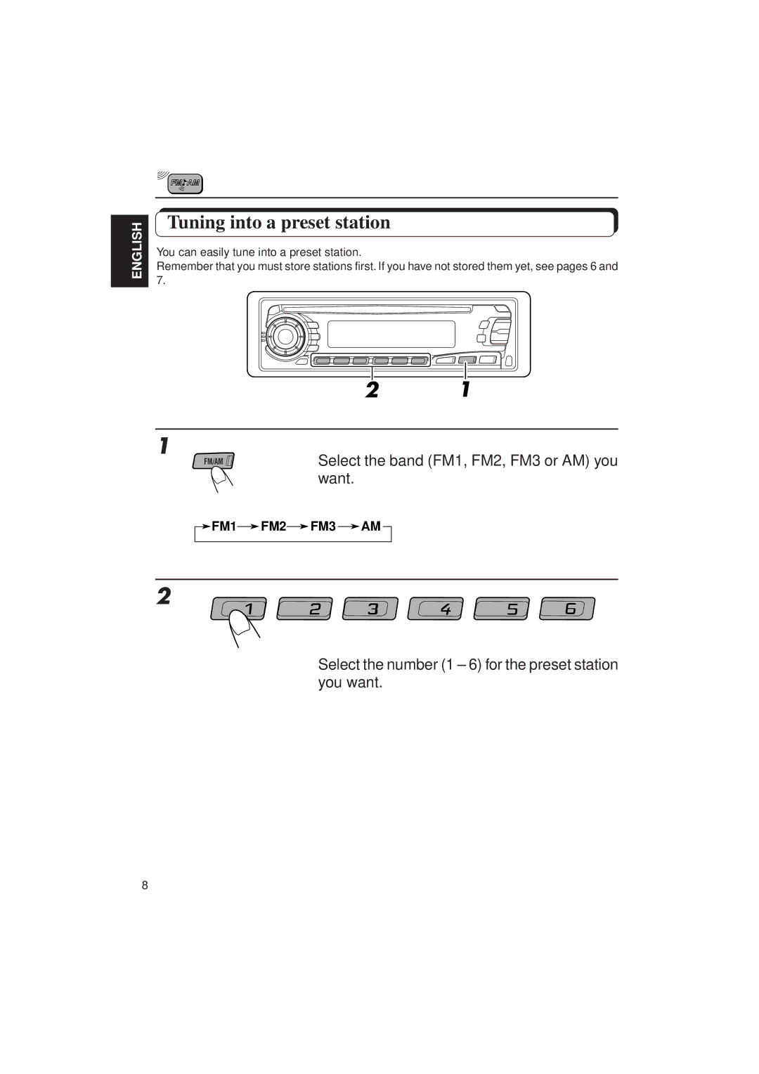 JVC KD-SX850, KD-SX750 manual Tuning into a preset station, Select the number 1 6 for the preset station you want 