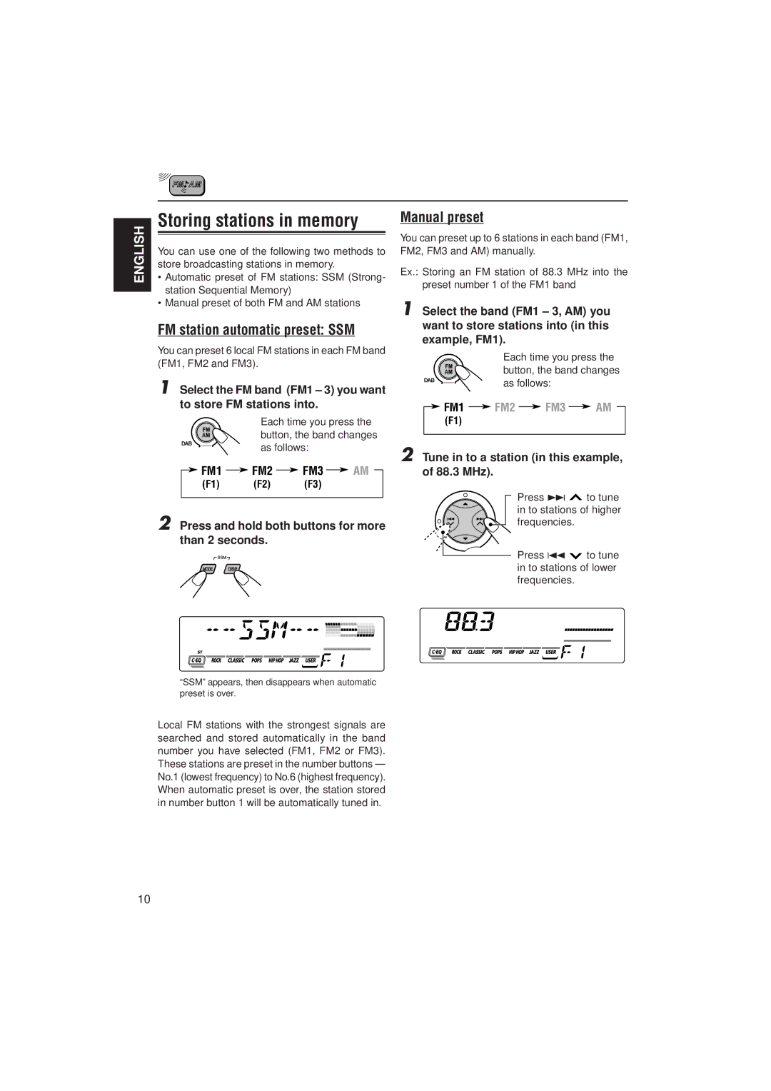 JVC KD-SX921R, KD-SX992R manual Storing stations in memory, FM station automatic preset SSM, Manual preset 