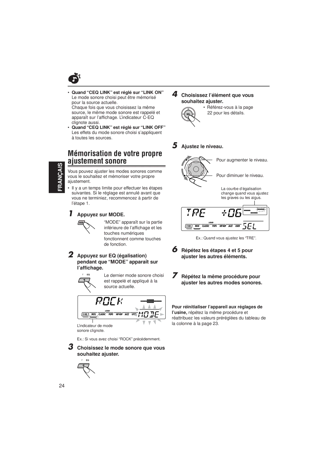 JVC KD-SX921R, KD-SX992R manual Pour réinitialiser l’appareil aux réglages de 