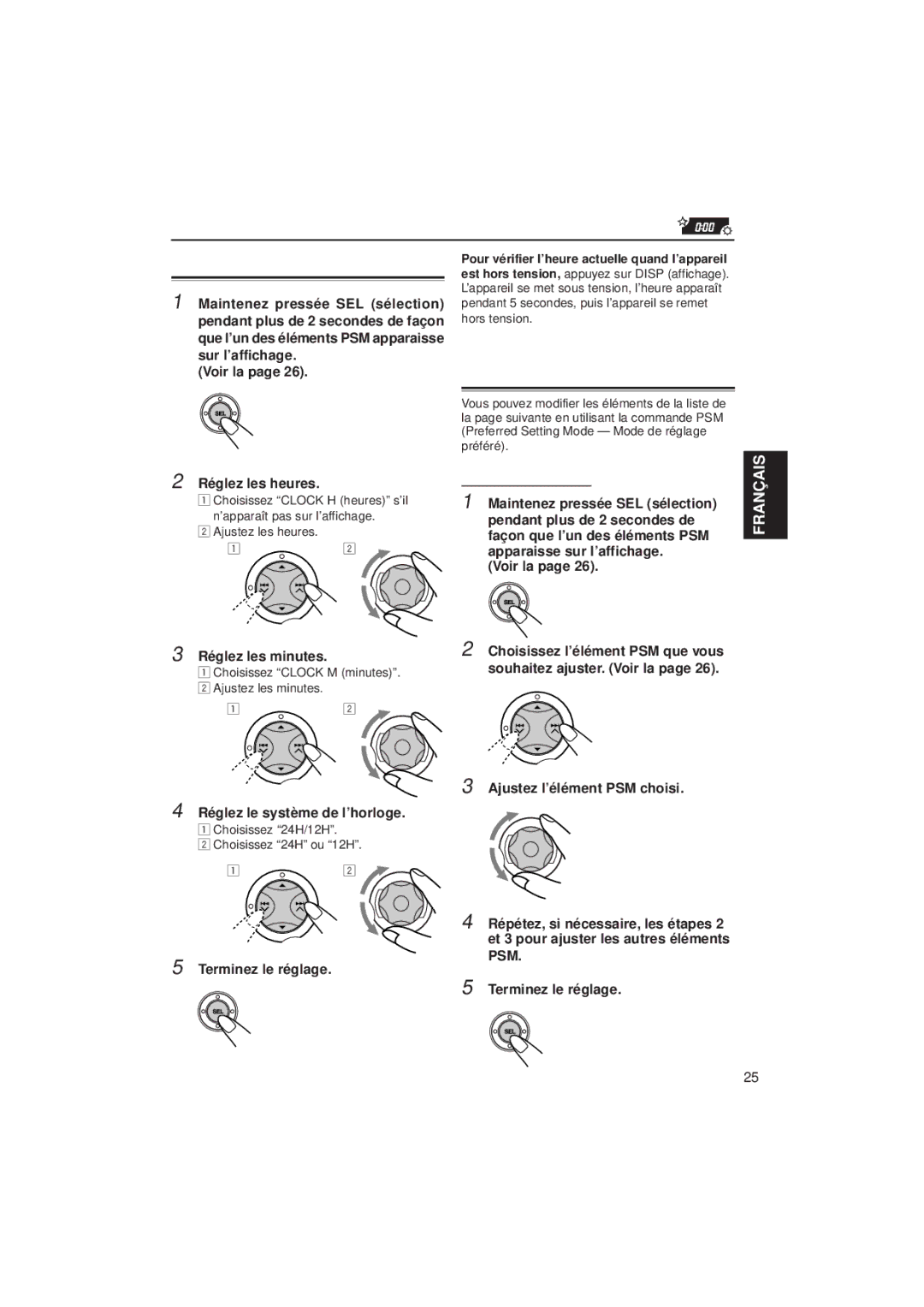 JVC KD-SX992R, KD-SX921R manual Autres Fonctions Principales, Réglage de l’horloge, Modification des réglages généraux PSM 