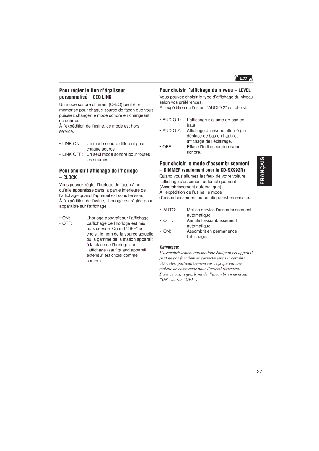 JVC KD-SX992R manual Pour choisir l’affichage de l’horloge, Pour régler le lien d’égaliseur personnalisé CEQ Link, Clock 