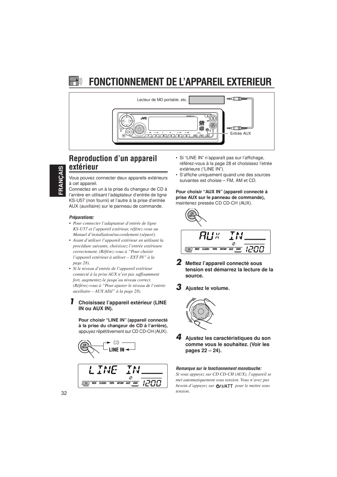 JVC KD-SX921R manual Reproduction d’un appareil extérieur, Choisissez l’appareil extérieur Line in ou AUX, Préparations 